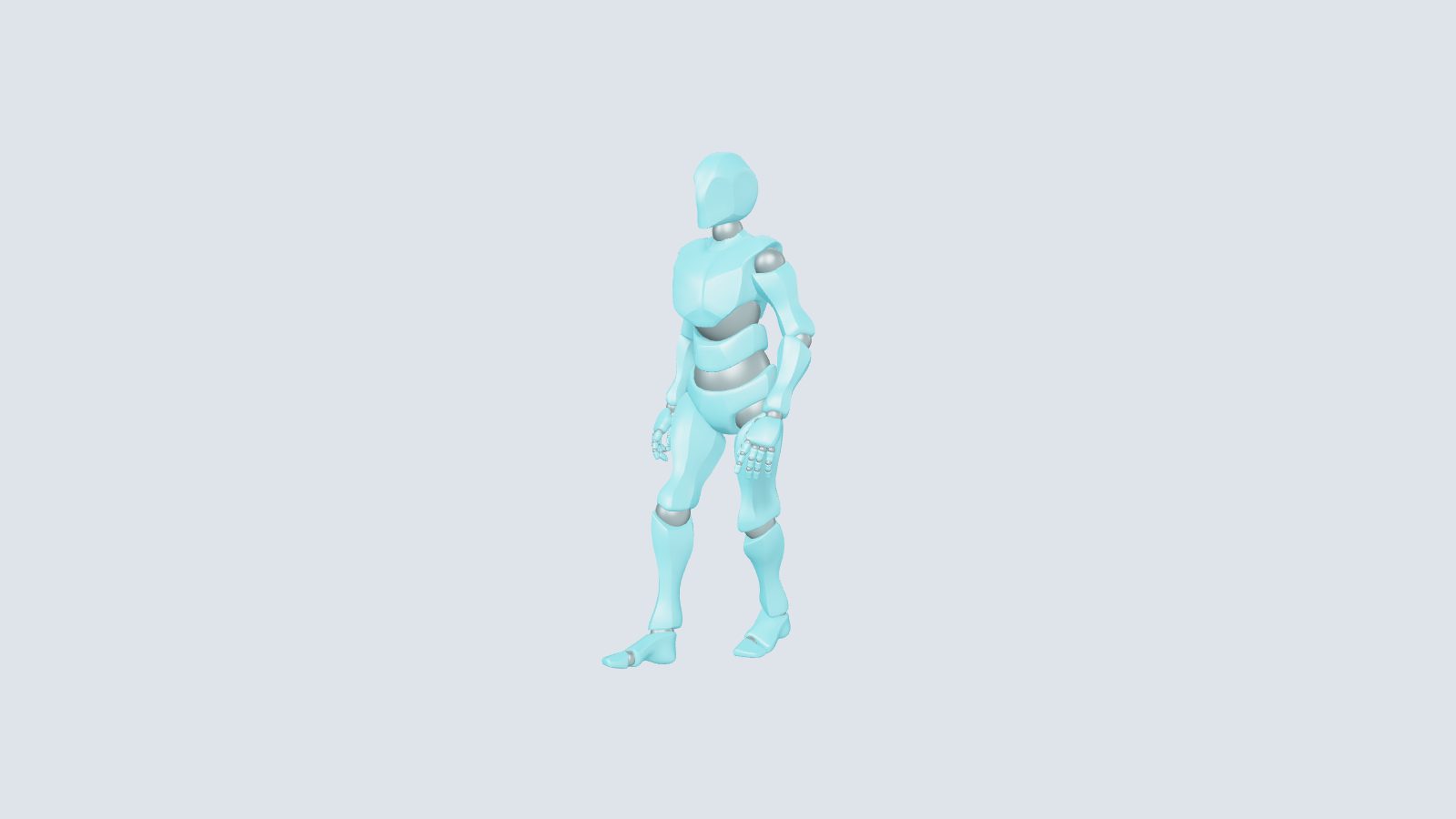 歩行アニメーションが再生され、歩を進めている途中のロボットキャラクター